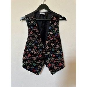 Vintage Try One Womens Embroidered Velvet Floral Black Vest Large Made In USA M